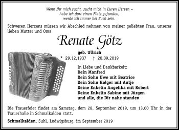 Traueranzeige von Renate Götz von Südthüringer Presse