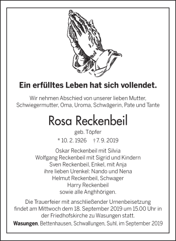 Traueranzeige von Rosa Reckenbeil von Südthüringer Presse