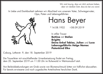 Traueranzeige von Hans Beyer von Neue Presse Coburg