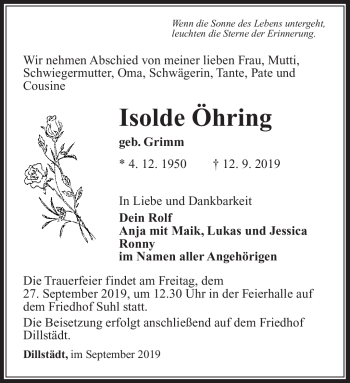 Traueranzeige von Isolde Öhring von Südthüringer Presse