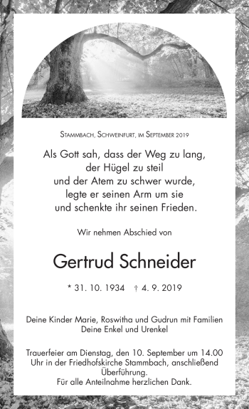 Traueranzeige von Gertrud Schneider von Frankenpost