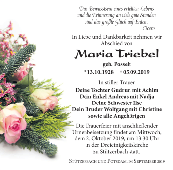 Traueranzeige von Maria Triebel von Südthüringer Presse