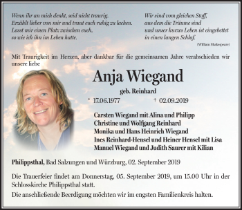 Traueranzeige von Anja Wiegand von Südthüringer Presse
