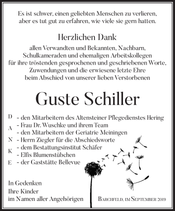 Traueranzeige von Guste Schiller von Südthüringer Presse