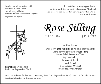 Traueranzeige von Rose Silling von Südthüringer Presse
