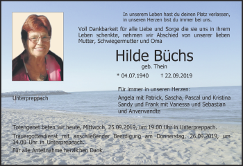 Traueranzeige von Hilde Büchs von Neue Presse Coburg
