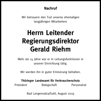 Traueranzeige von Gerald Riehm von Südthüringer Presse