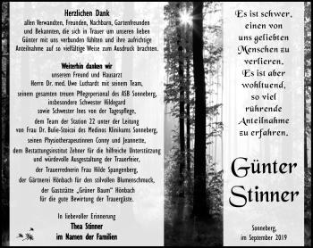 Traueranzeige von Günter Stinner von Südthüringer Presse