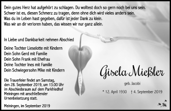Traueranzeige von Gisela Mießler von Südthüringer Presse