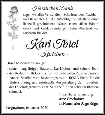 Traueranzeige von Karl Thiel von Südthüringer Presse