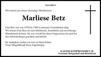 Traueranzeige von Marliese Betz von Neue Presse Coburg