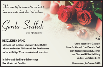 Traueranzeige von Gerda Sedlak von Südthüringer Presse