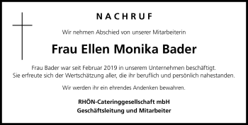 Traueranzeige von Ellen Bader von Südthüringer Presse