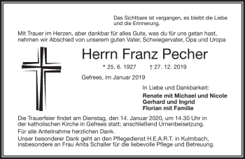 Traueranzeige von Franz Pecher von Frankenpost