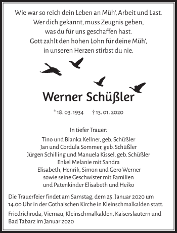 Traueranzeige von Werner Schüßler von Südthüringer Presse