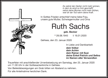 Traueranzeige von Ruth Sachs von Frankenpost