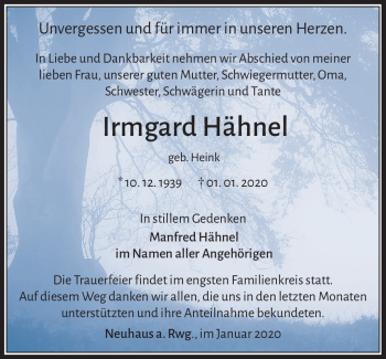 Traueranzeige von Irmgard Hähnel von Südthüringer Presse