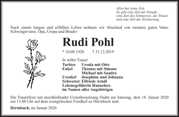 Traueranzeige von Rudi Pohl von Südthüringer Presse