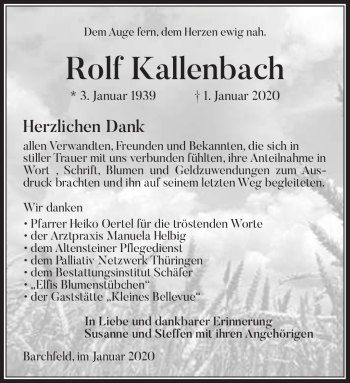 Traueranzeige von Rolf Kallenbach von Südthüringer Presse