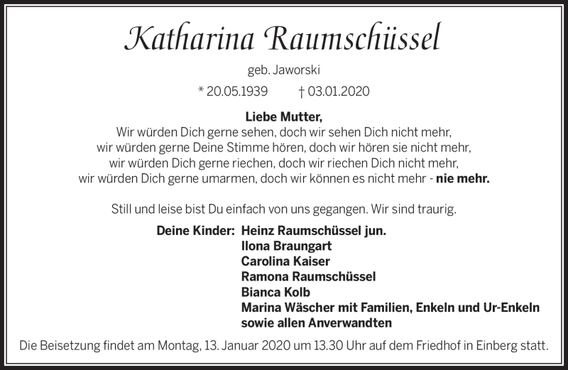  Traueranzeige für Katharina Raumschüssel vom 11.01.2020 aus Neue Presse Coburg