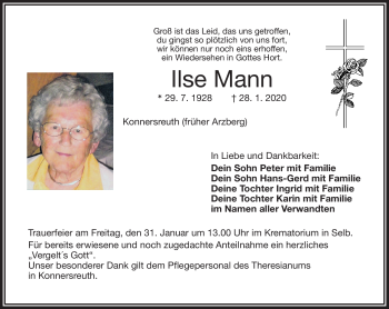Traueranzeige von Ilse Mann von Frankenpost