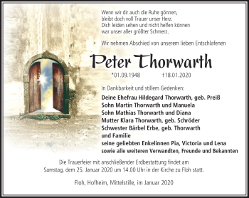 Traueranzeige von Peter Thorwarth von Südthüringer Presse