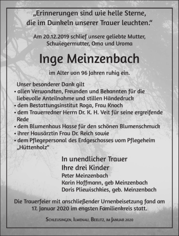 Traueranzeige von Inge Meinzenbach von Südthüringer Presse