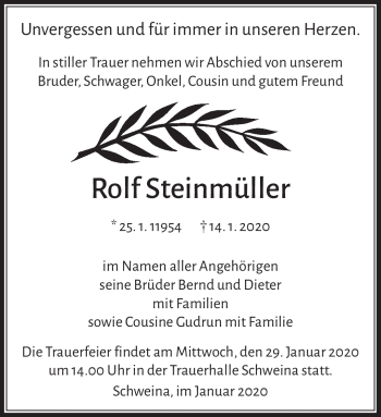 Traueranzeige von Rolf Steinmüller von Südthüringer Presse