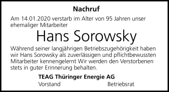Traueranzeige von Hans Sorowsky von Südthüringer Presse