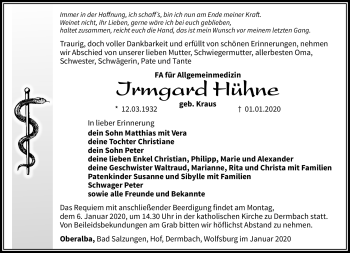 Traueranzeige von Irmgard Hühne von Südthüringer Presse
