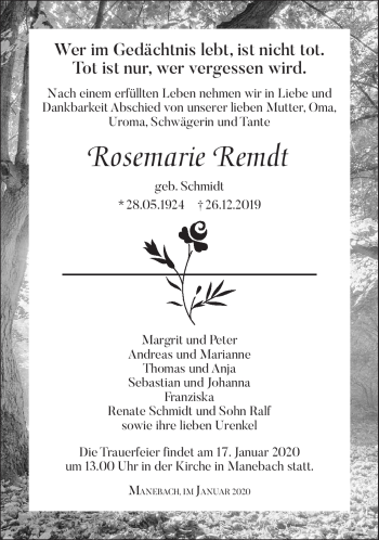 Traueranzeige von Rosemarie Remdt von Südthüringer Presse