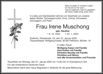 Traueranzeige von Irene Muschong von Frankenpost