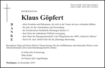 Traueranzeige von Klaus Göpfert von Südthüringer Presse