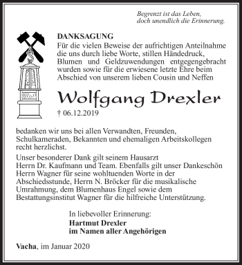 Traueranzeige von Wolfgang Drexler von Südthüringer Presse