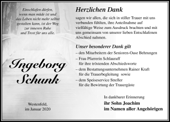 Traueranzeige von Ingeborg Schunk von Südthüringer Presse
