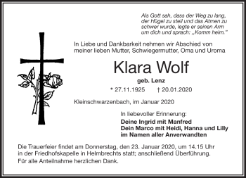 Traueranzeige von Klara Wolf von Frankenpost
