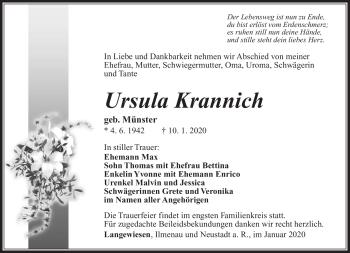 Traueranzeige von Ursula Krannich von Südthüringer Presse