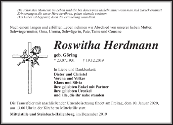Traueranzeige von Roswitha Herdmann von Südthüringer Presse