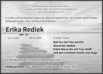 Traueranzeige von Erika Rediek von Südthüringer Presse