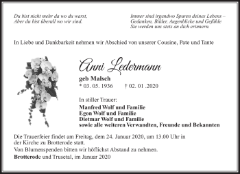 Traueranzeige von Anni Ledermann von Südthüringer Presse