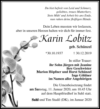 Traueranzeige von Karin Lobitz von Südthüringer Presse