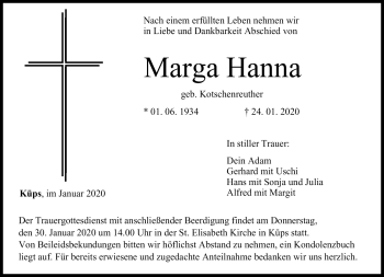 Traueranzeige von Marga Hanna von Neue Presse Coburg
