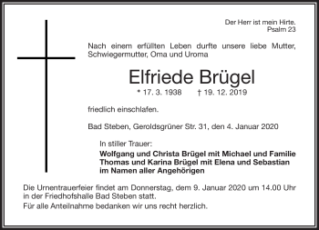 Traueranzeige von Elfriede Brügel von Frankenpost