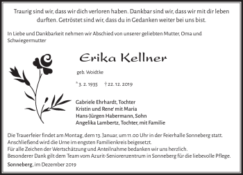 Traueranzeige von Erika Kellner von Südthüringer Presse