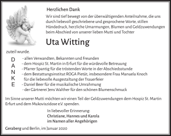 Traueranzeige von Uta Wittinga von Südthüringer Presse