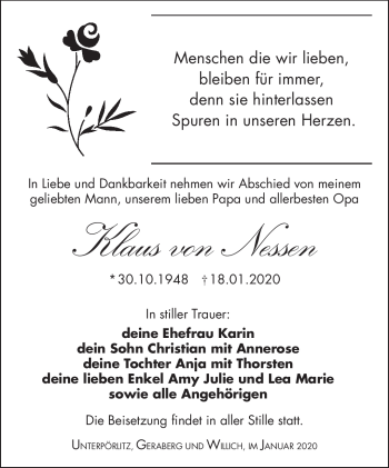 Traueranzeige von Klaus von Nessen von Südthüringer Presse