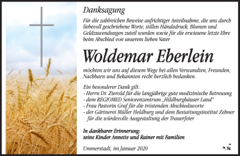 Traueranzeige von Woldemar Eberlein von Südthüringer Presse