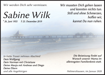 Traueranzeige von Sabine Wilk von Südthüringer Presse