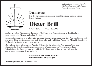 Traueranzeige von Dieter Brill von Südthüringer Presse
