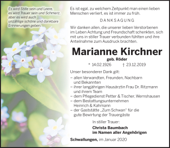 Traueranzeige von Marianne Kirchner von Südthüringer Presse